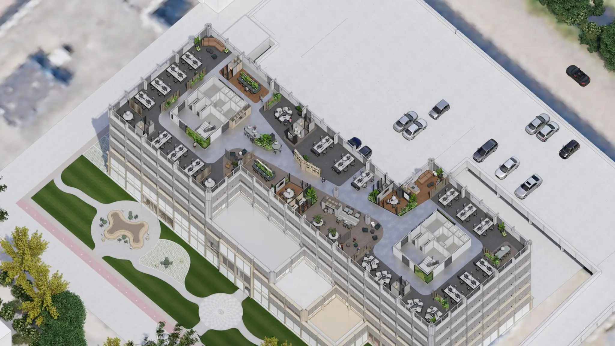 Isometrische tekening van het kantoorgebouw aan de Marten Meesweg met ingerichte kantoorruimtes op het dakniveau en naastgelegen parkeerdek.